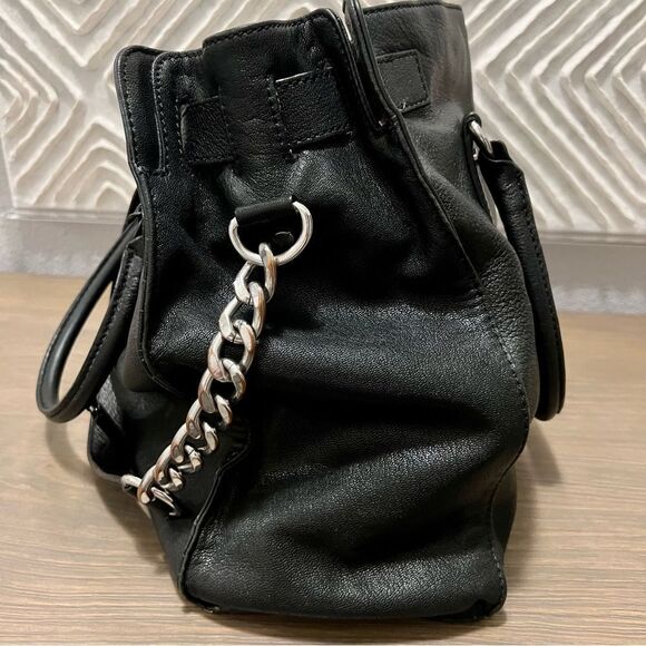 Michael Kors Black Hamilton Slouch Satchel Pebbled Soft Leather Silver Padlock - Picture 15 of 16